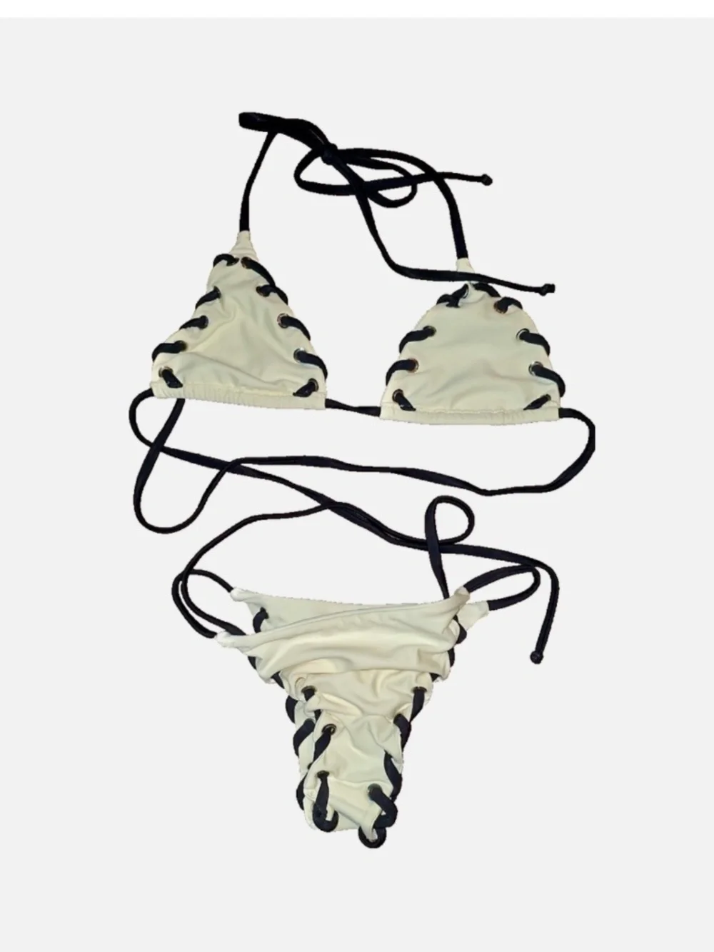 Cream Ribbed Triangle Bikini Set Black Whipstitch Trim Size [S]